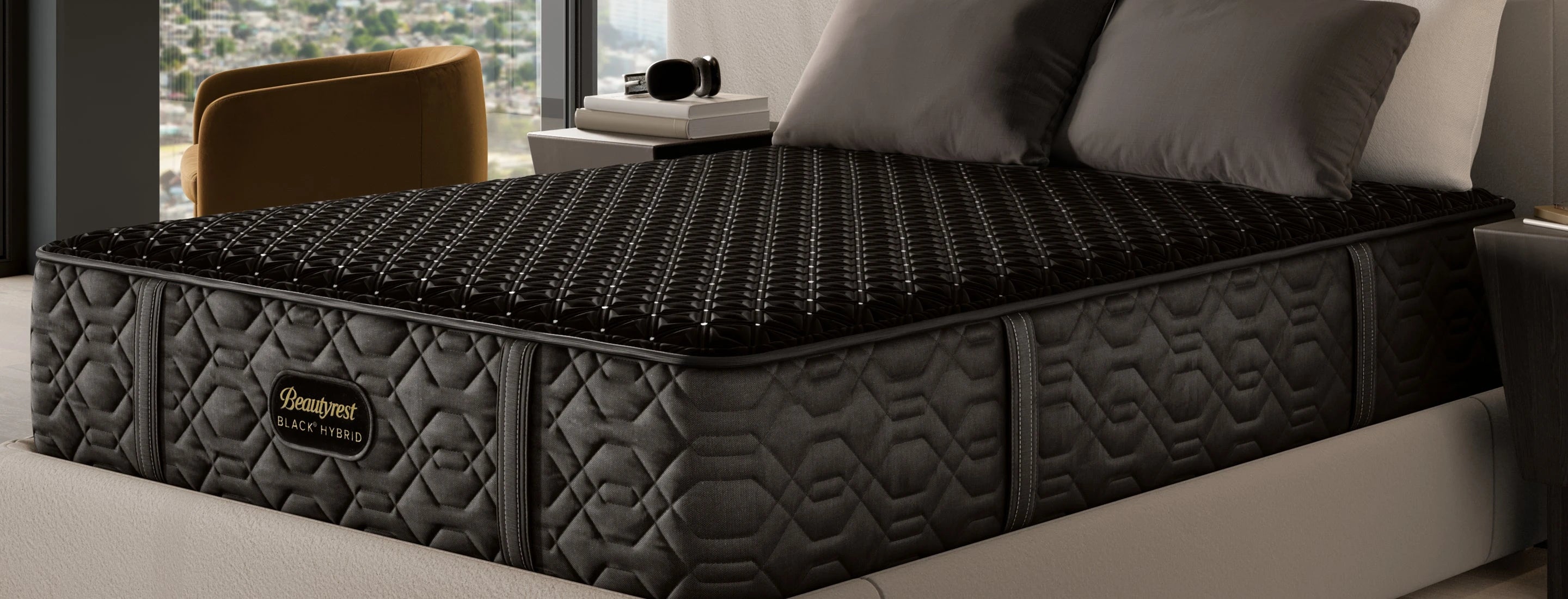 Close up of a Beautyrest hybrid mattress in a sunny bedroom