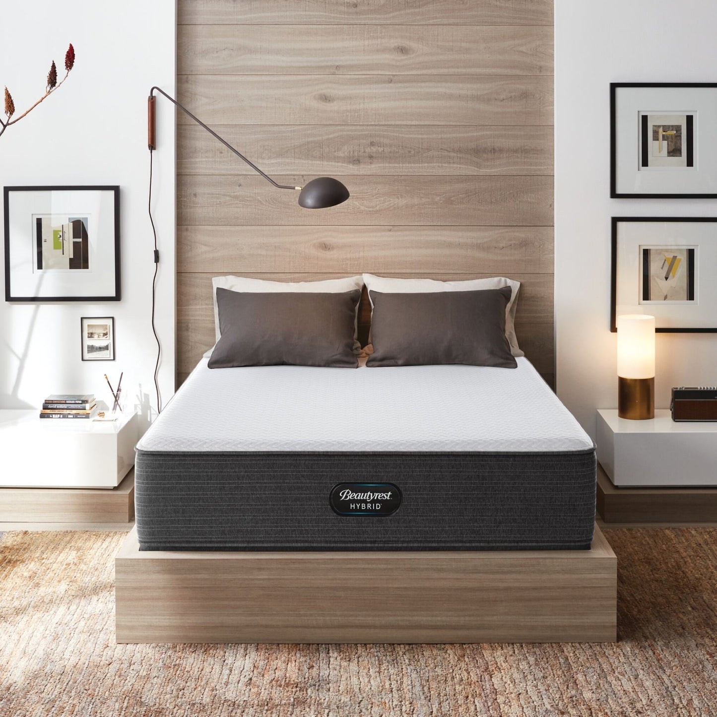 The Beautyrest Select hybrid mattress in a bedroom on a wooden bed ||feel: medium