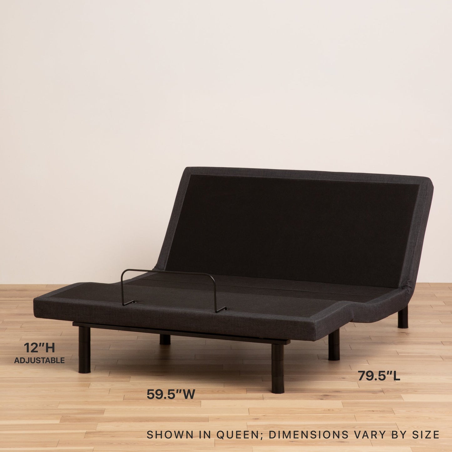 Diagram showing the measurements of an upright Beautyrest Advanced Motion adjustable base