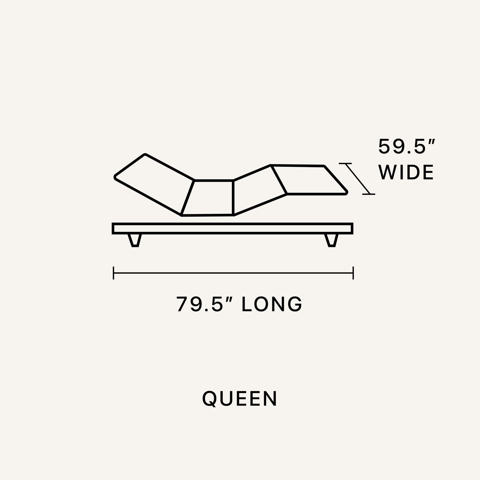 Queen size diagram chart of the Motion Restore Base   59.5 inches wide and 79.5 inches long || size: Queen