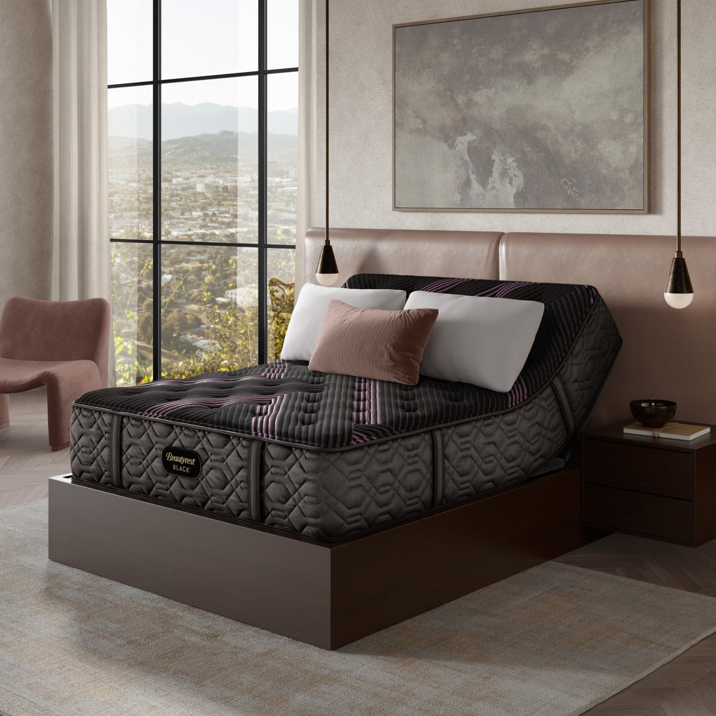 The Beautyrest Black mattress in a bedroom on an adjustable frame sitting in a dark brown bed frame || series: Series Two