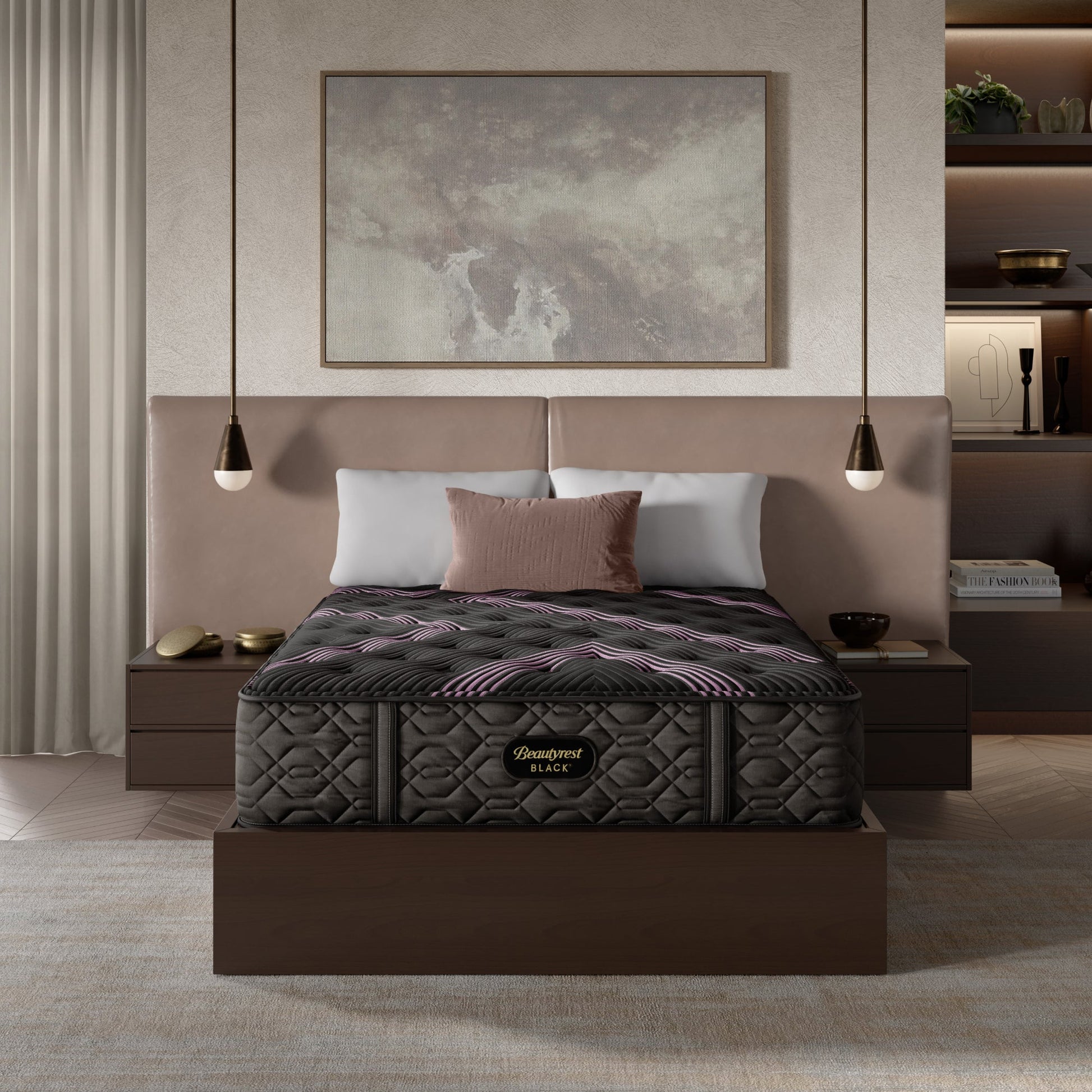 The Beautyrest Black medium mattress in a bedroom on a brown wood bed frame || series: Series Two || feel: medium