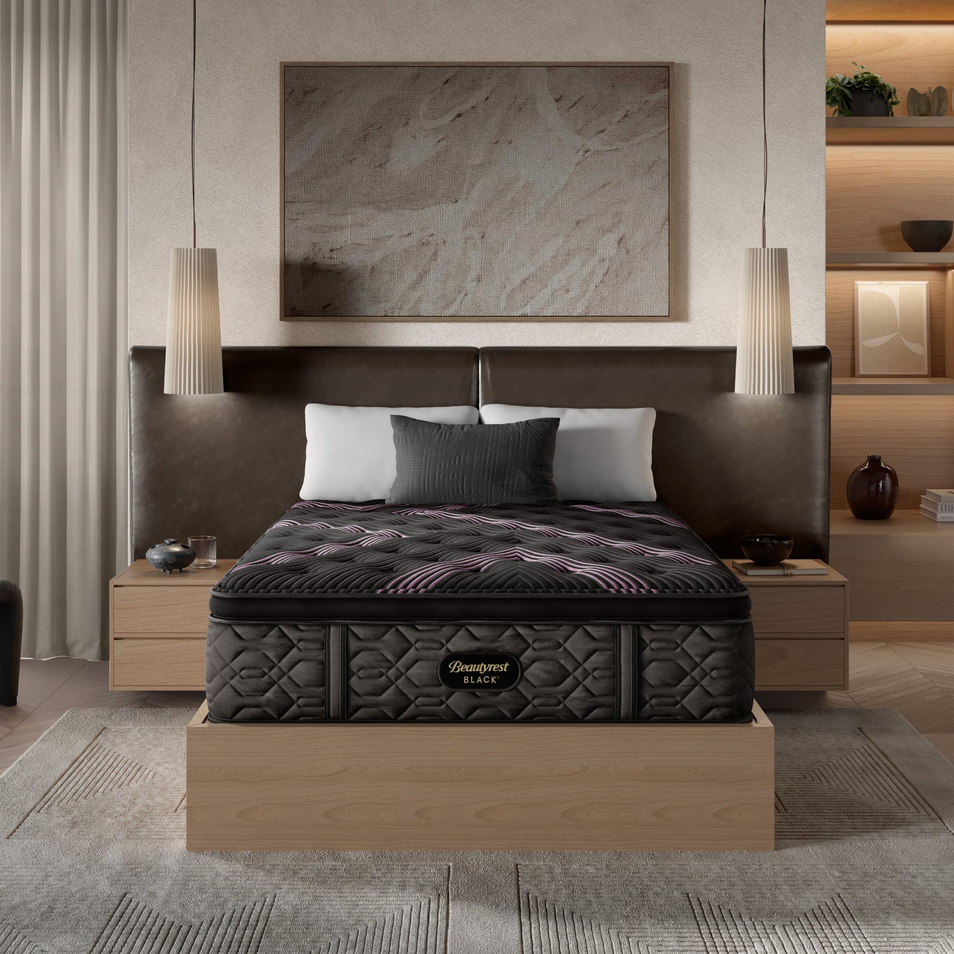 The Beautyrest Black plush pillow top mattress in a bedroom on a light brown wood bed frame || series: Series Two || feel: plush pillow top