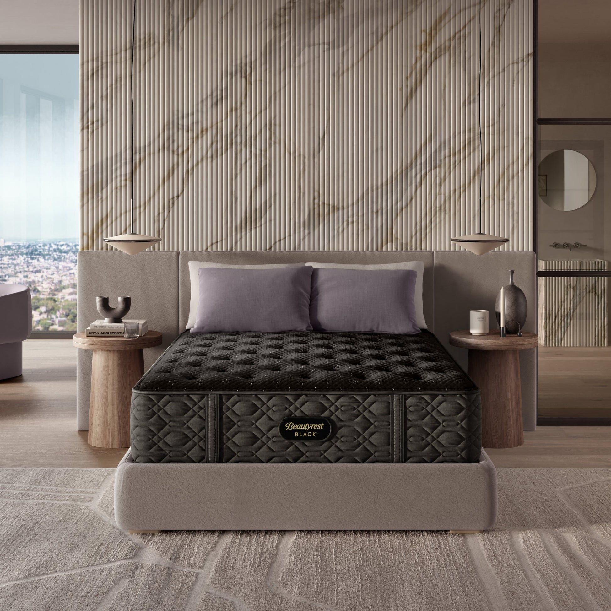 The Beautyrest Black medium mattress in a bedroom on a beige bed frame || series: Series Three || feel: medium