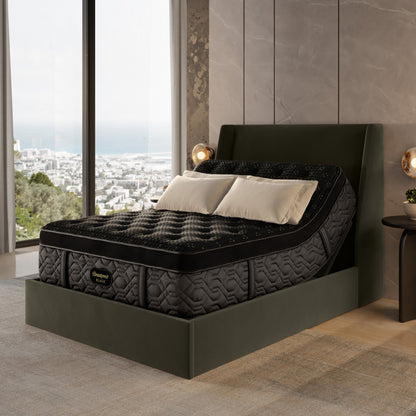 The Beautyrest Black Plush summit pillow top mattress in a bedroom on a beige frame || series: Series Four || feel: Plush Summit Pillow Top