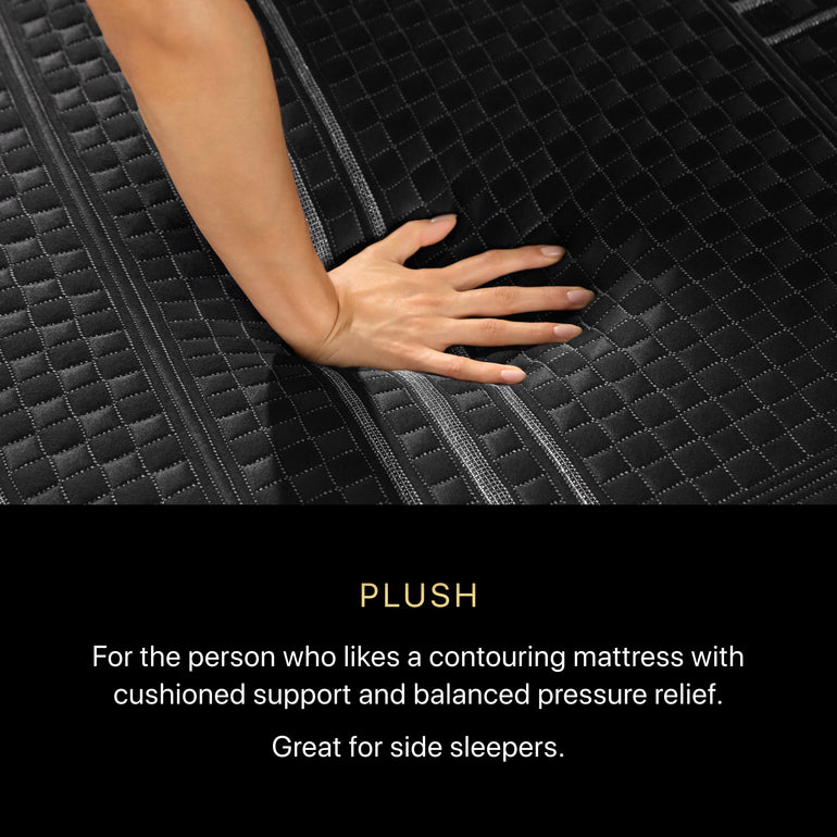 A hand pressing on a BeautyRest Plush Hybrid mattress || series: Series One || feel: Plush
