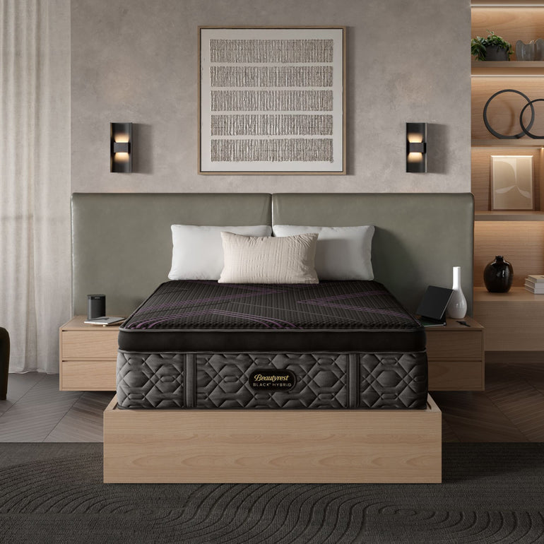 BeautyRest Medium Apex Top Hybrid mattress sitting in a beige bed frame || series: Series Two || feel: Medium Apex Top
