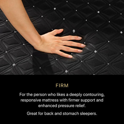 A hand pressing on a BeautyRest Firm Hybrid mattress || series: Series Three || feel: Firm
