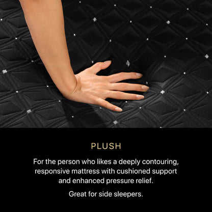 A hand pressing on a BeautyRest Plush Hybrid mattress || series: Series Three || feel: Plush
