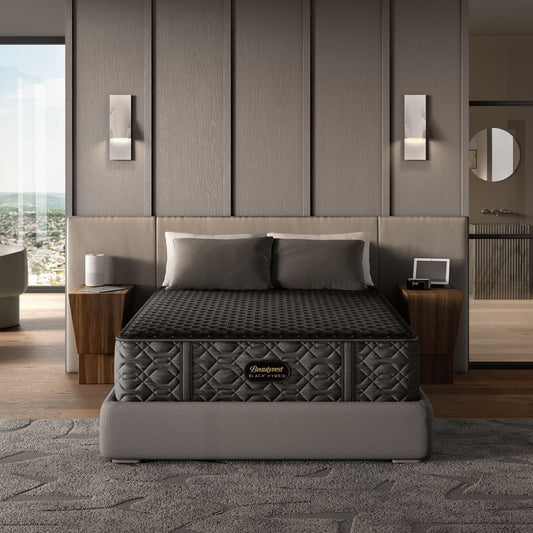 BeautyRest Plush Hybrid mattress sitting in a beige bed frame || series: Series Three || feel: Plush
