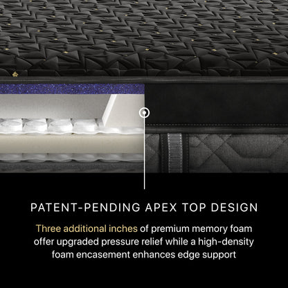 Inside of the showing 3 additional inches of premium memory foam of a BeautyRest Firm Apex Top Hybrid mattress || series: Series Four || feel: Firm Apex Top
