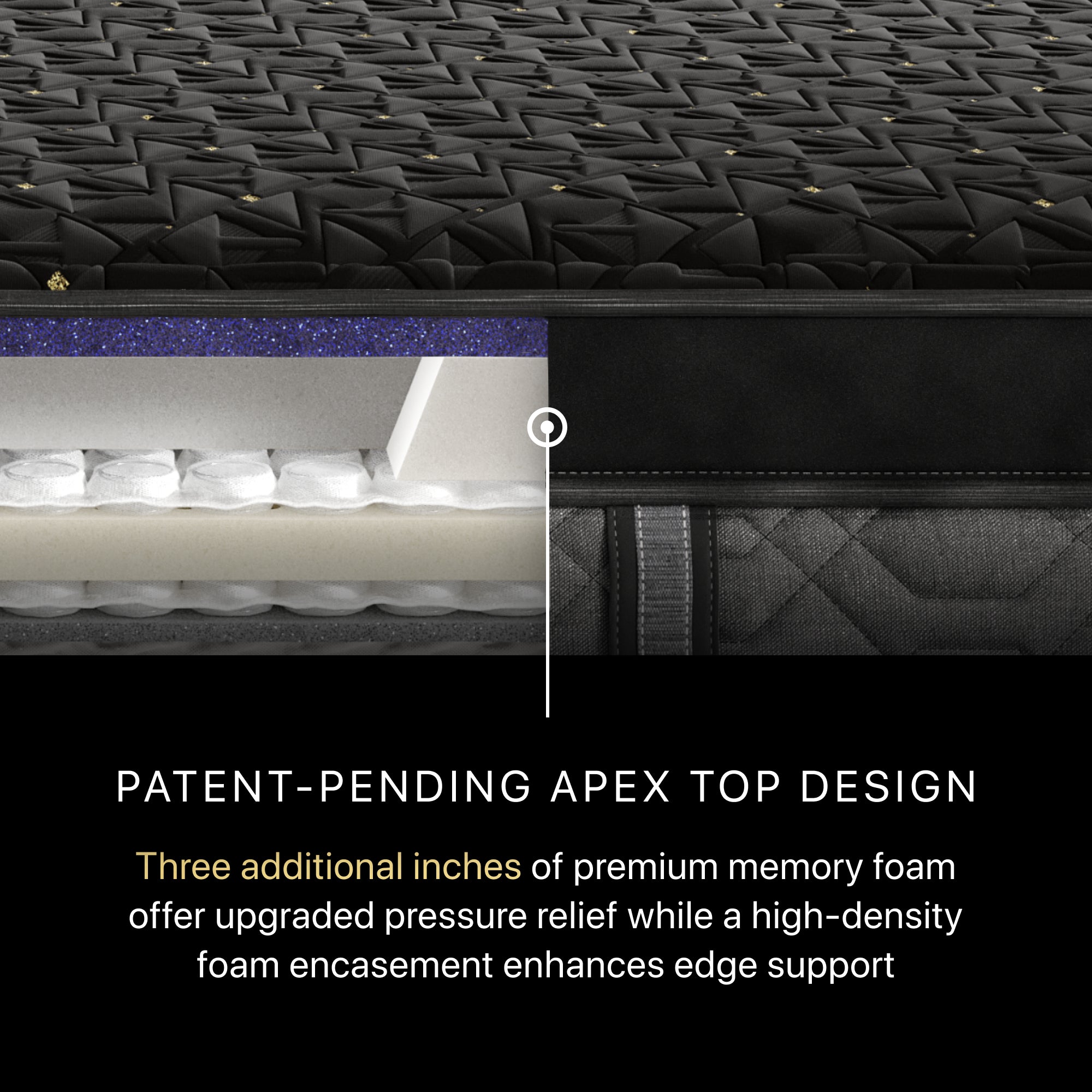 Inside of the showing 3 additional inches of premium memory foam of a BeautyRest Firm Apex Top Hybrid mattress || series: Series Four || feel: Firm Apex Top
