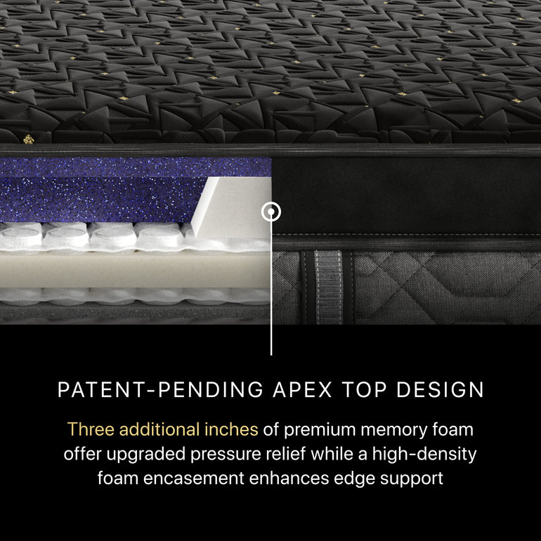 Inside of the showing 3 additional inches of premium memory foam of a BeautyRest Plush Apex Top Hybrid mattress || series: Series Four || feel: Plush Apex Top
