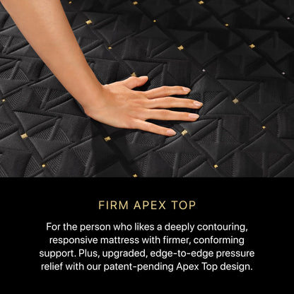 A hand pressing on a BeautyRest Firm Apex Top Hybrid mattress || series: Series Four || feel: Firm Apex Top
