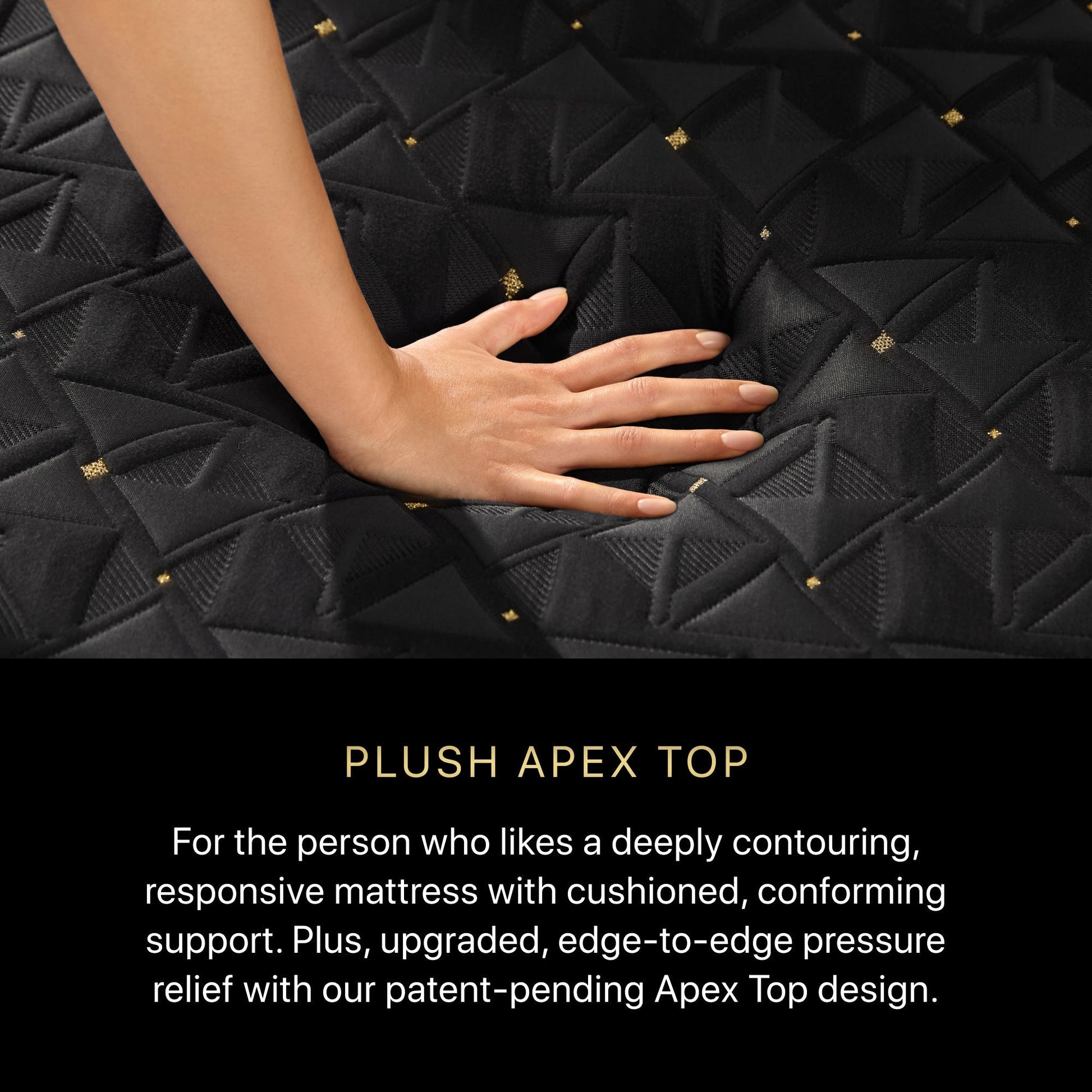 A hand pressing on a BeautyRest Plush Apex Top Hybrid mattress || series: Series Four || feel: Plush Apex Top
