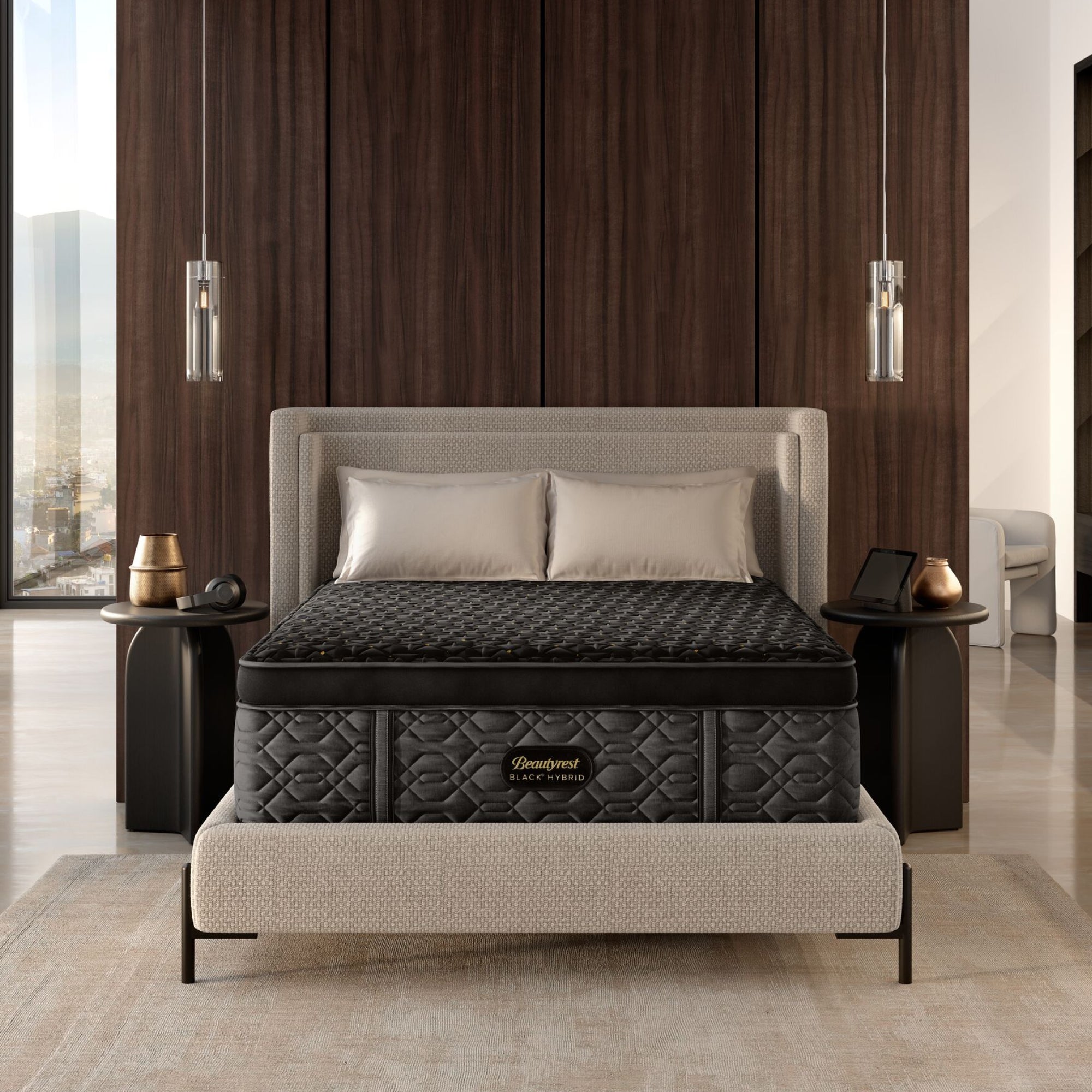 BeautyRest Plush Apex Top Hybrid mattress sitting in a beige bed frame || series: Series Four || feel: Plush Apex Top
