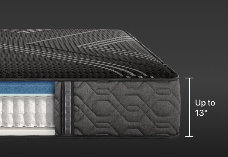 Cross-section of a sleek, modern mattress with a black geometric-patterned top, multiple comfort layers, and pocketed coils, measuring up to 13 inches in height.