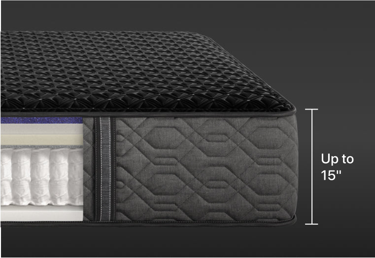 Cross-section of a sleek, modern mattress with a black geometric-patterned top, multiple comfort layers, and pocketed coils, measuring up to 15 inches in height.