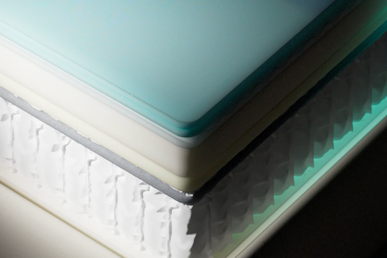 A cross-section of a mattress showing multiple layers, including a gel layer, designed for cooling and temperature regulation with breathable, moisture-wicking fabrics.