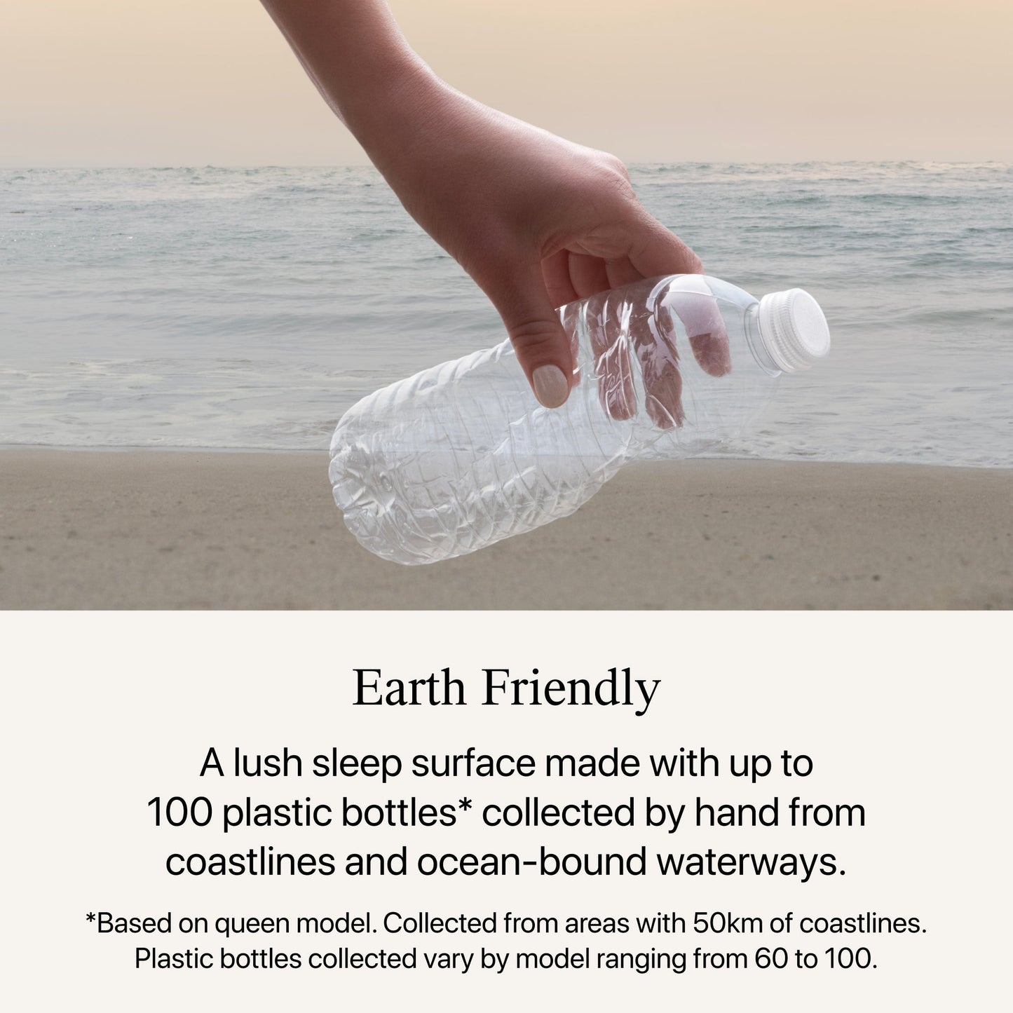 A hand holding a water bottle by the ocean showing the earth friendly value of the Beautyrest Harmony Lux Hybrid mattress  || series: Exceptional Seabrook Island || feel: firm