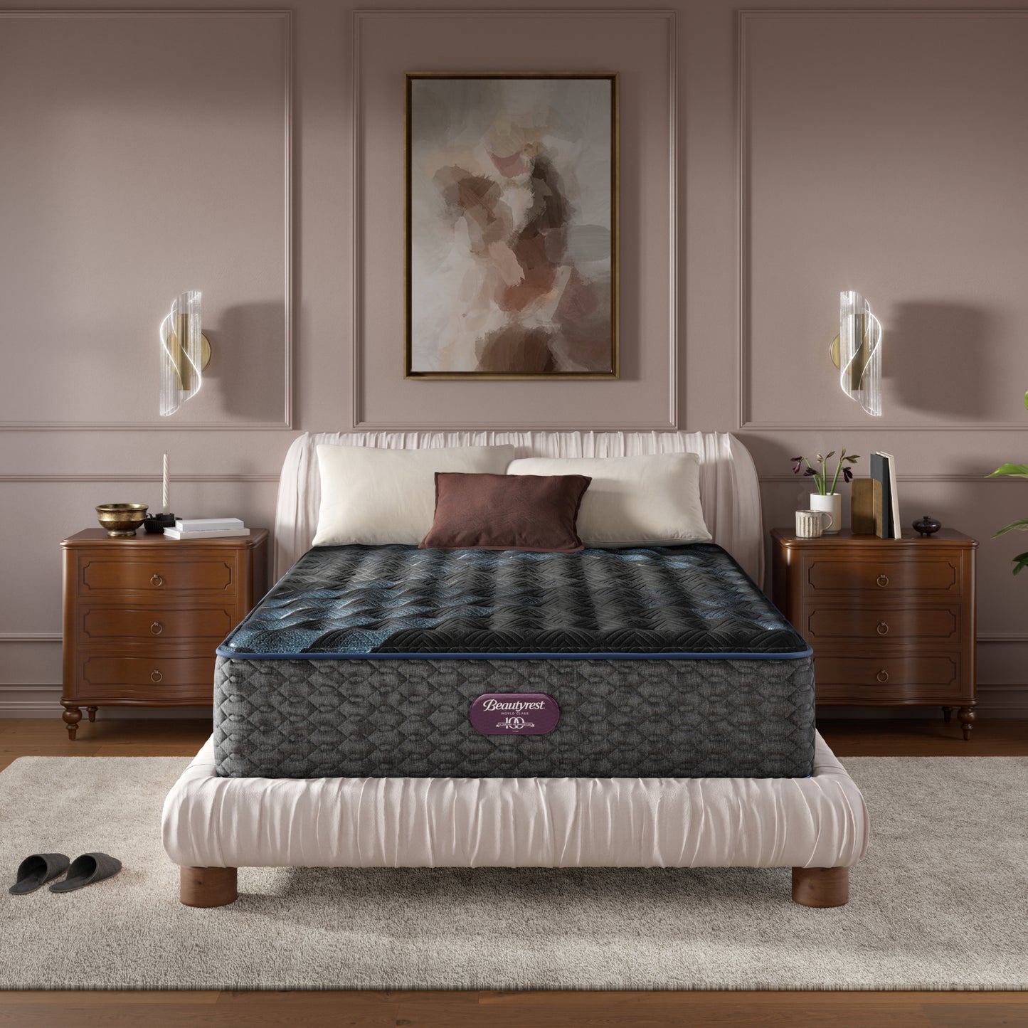 Beautyrest World Class mattress sitting in a brown bed frame with 3 pillows on top of it