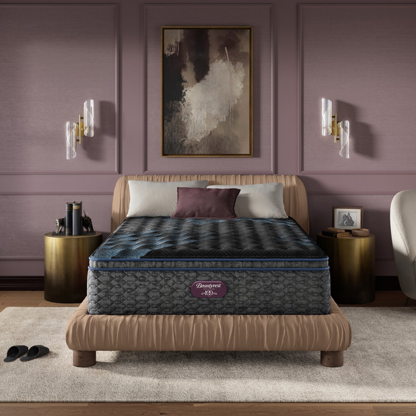 Beautyrest World Class mattress sitting in a brown bed frame with 3 pillows on top of it