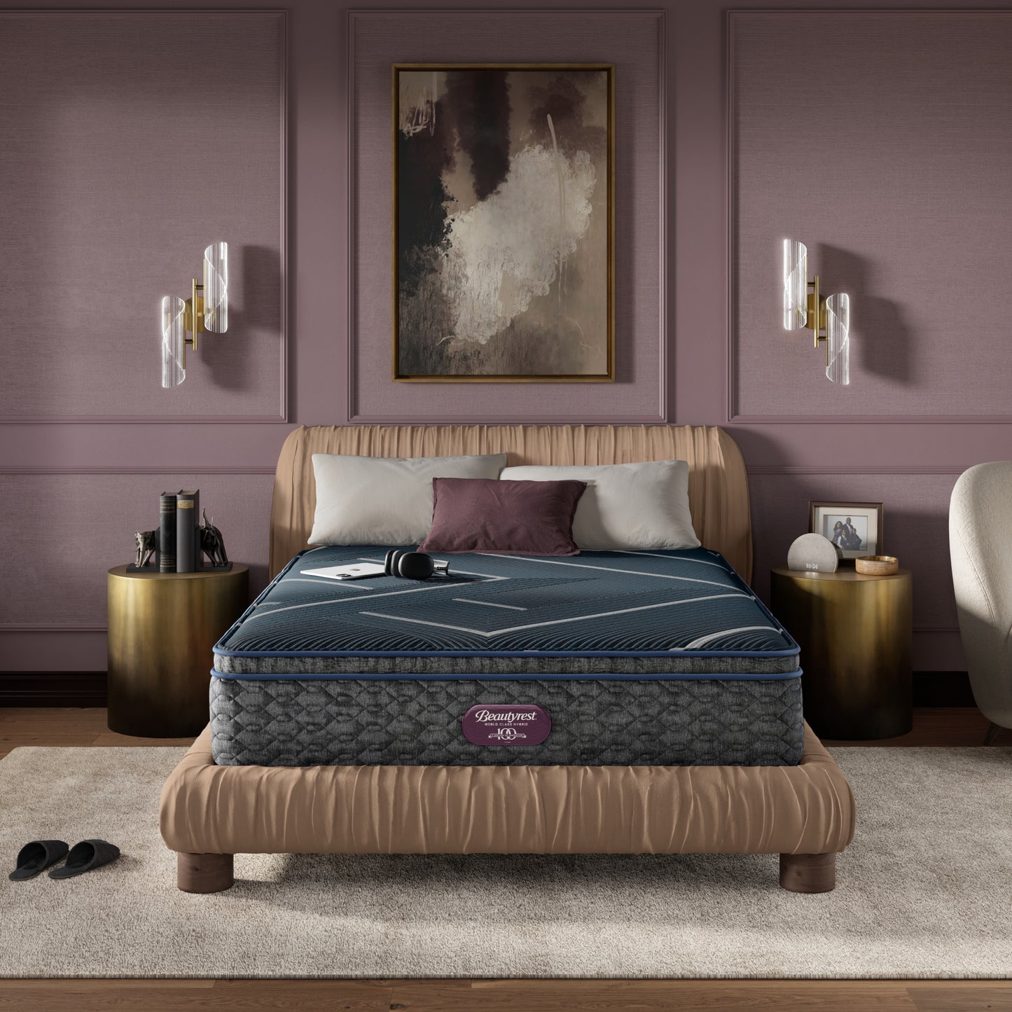 Beautyrest World Class Quilted Hybrid mattress sitting in a brown bed frame with 3 pillows on top of it