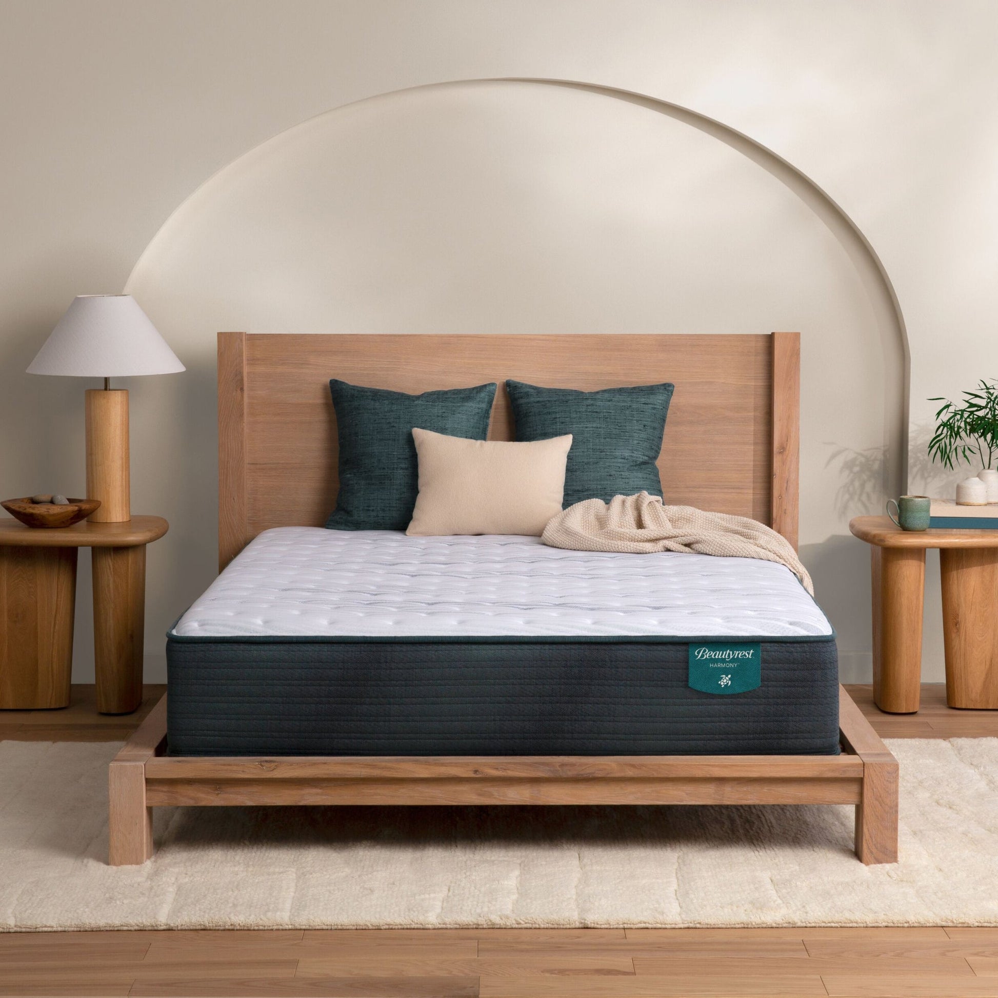 The Beautyrest Harmony extra firm mattress in a bedroom on a wooden bed || series: Exceptional Cypress Bay || feel: extra firm